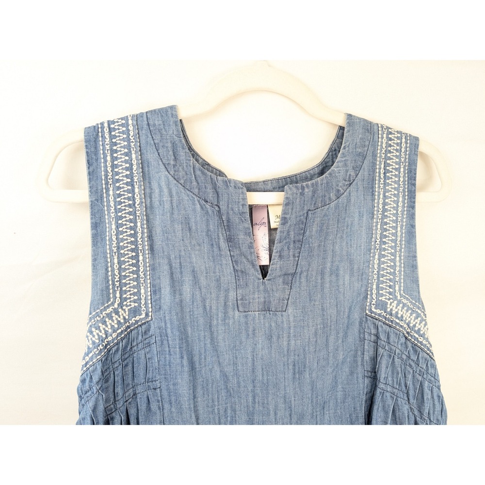 Boho Embroidered Pleated Chambray Sleeveless Top Size M Blue Western Festival - Picture 3 of 8